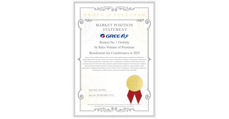 GREE Premium RACs Top 2025 Global Sales, Frost & Sullivan Confirms